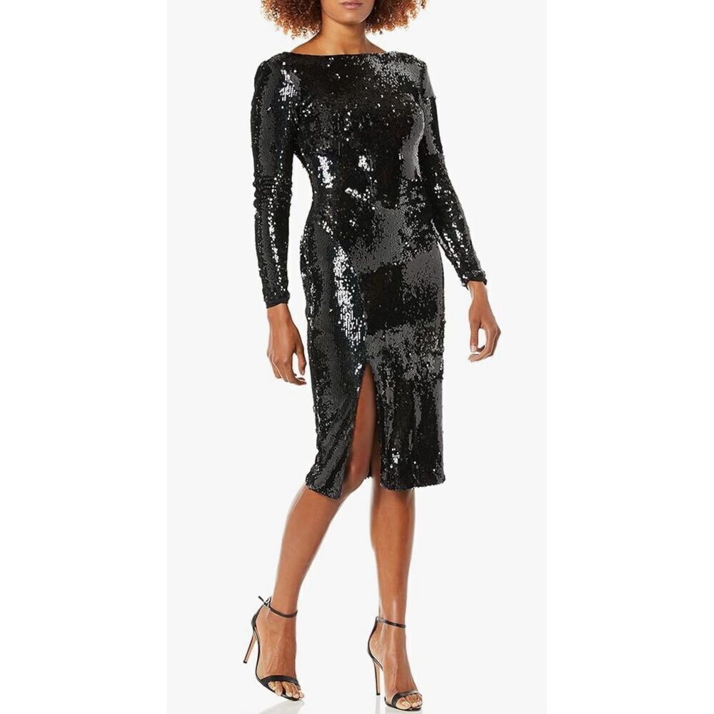 Dress The Population Natalie Long Sleeve Stretch Sequin Midi Sheath Dress XXS